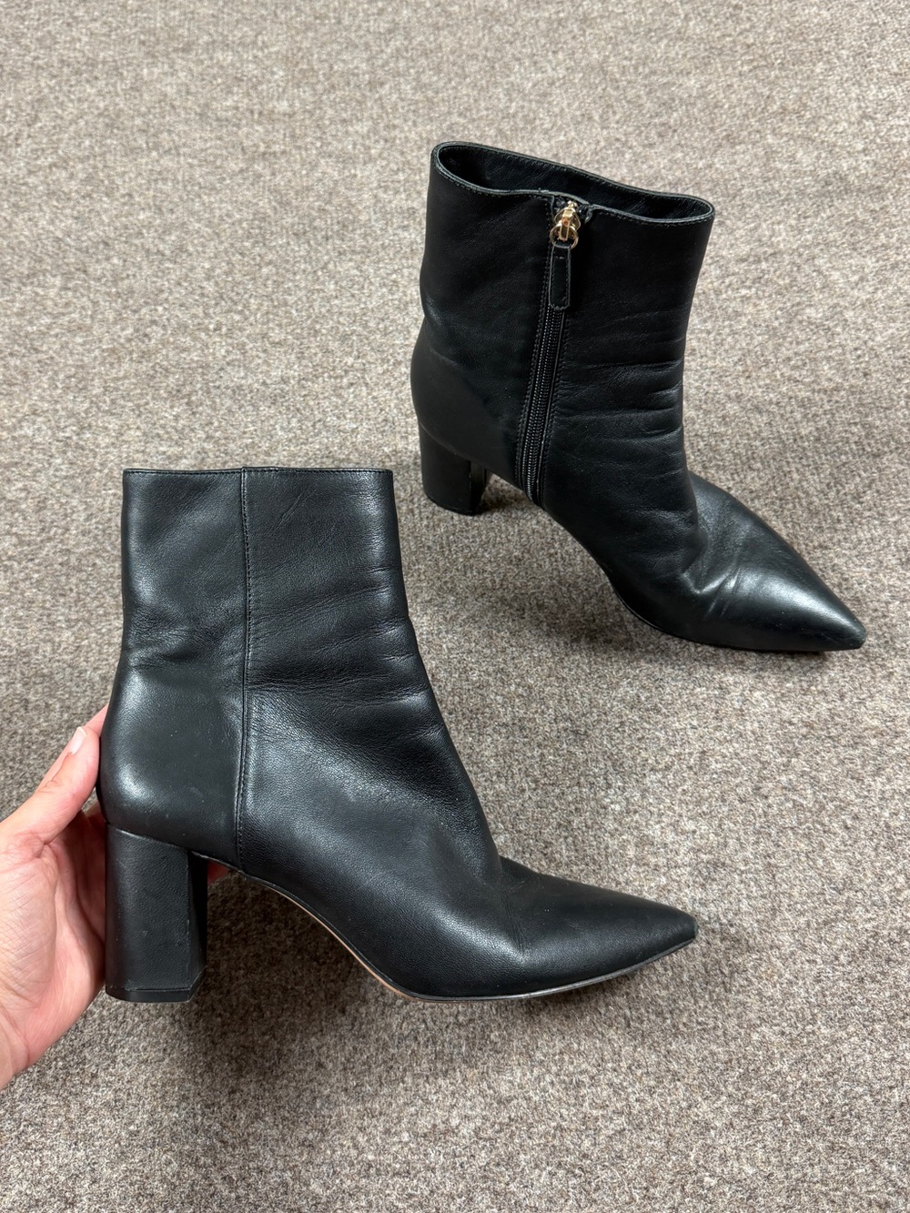 J Crew Black Leather Box Heel Point Toe Ankle Boots Women’s Size 7.5 Zip Closure